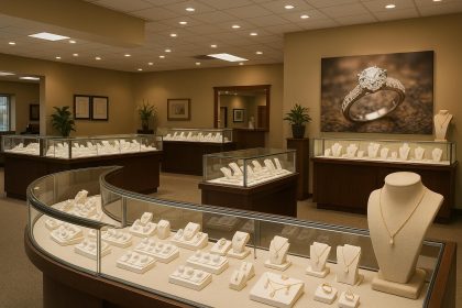 Elegant jewelry displays inside a local Beavercreek, Ohio store showcasing unique pieces