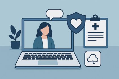 Laptop with mental health icons illustrating online intensive outpatient therapy programs