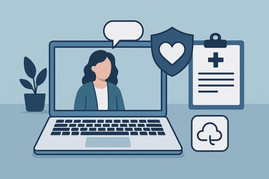 Laptop with mental health icons illustrating online intensive outpatient therapy programs