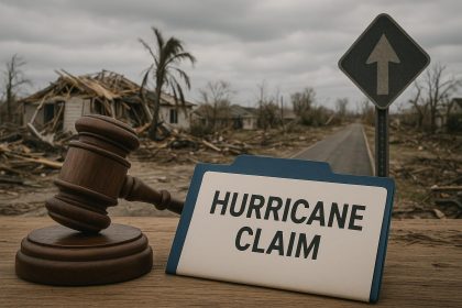 Damaged home with fallen tree and insurance documents after hurricane claim dispute
