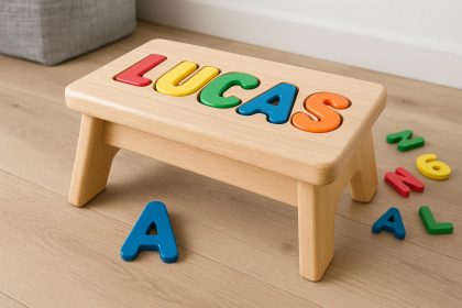 Colorful personalized step stool displaying a child's name in bold letters, promoting name recognition