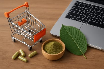 Various kratom products and packaging displayed for online purchase and delivery options