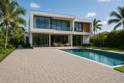 Elegant paved driveway enhancing a luxury Miami estate designed by top architects and paver experts