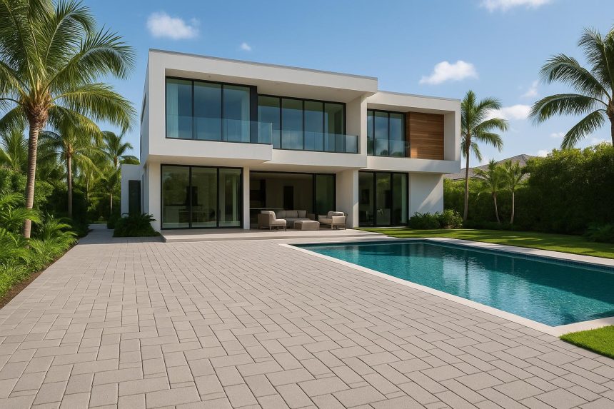 Elegant paved driveway enhancing a luxury Miami estate designed by top architects and paver experts