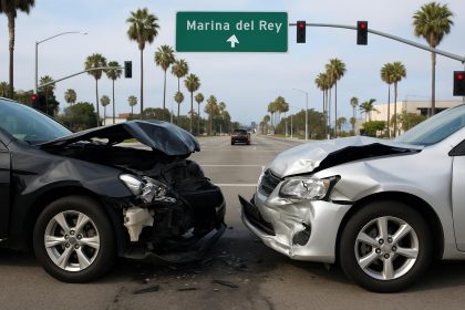 Car accident scene with damaged vehicles on a street in Marina Del Rey after a collision