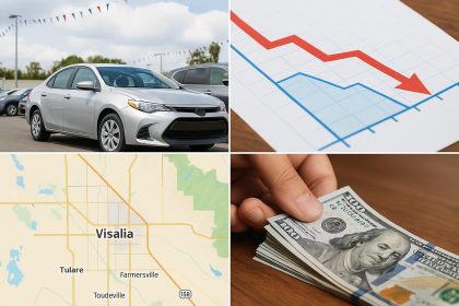 Row of used cars parked at a dealership lot in Visalia with price tags displayed on windshields