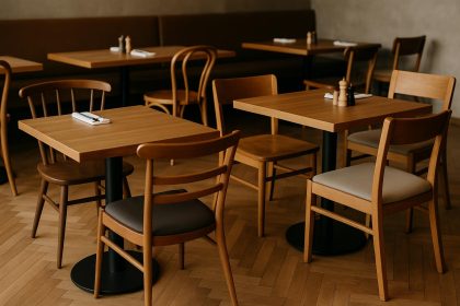 Variety of restaurant chairs arranged neatly around tables in a well-lit dining area