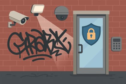 Security camera and alarm system protecting a storefront to prevent vandalism in businesses