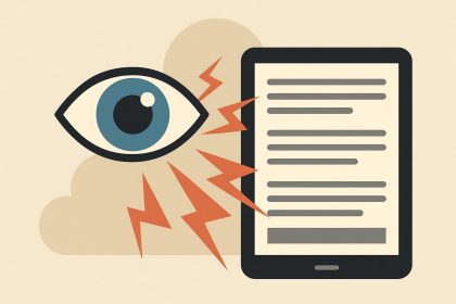 Person reading on digital tablet experiencing eye strain, highlighting digital reading challenges