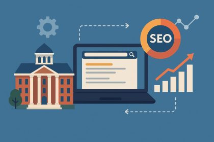 University campus with digital marketing icons representing higher education SEO strategies