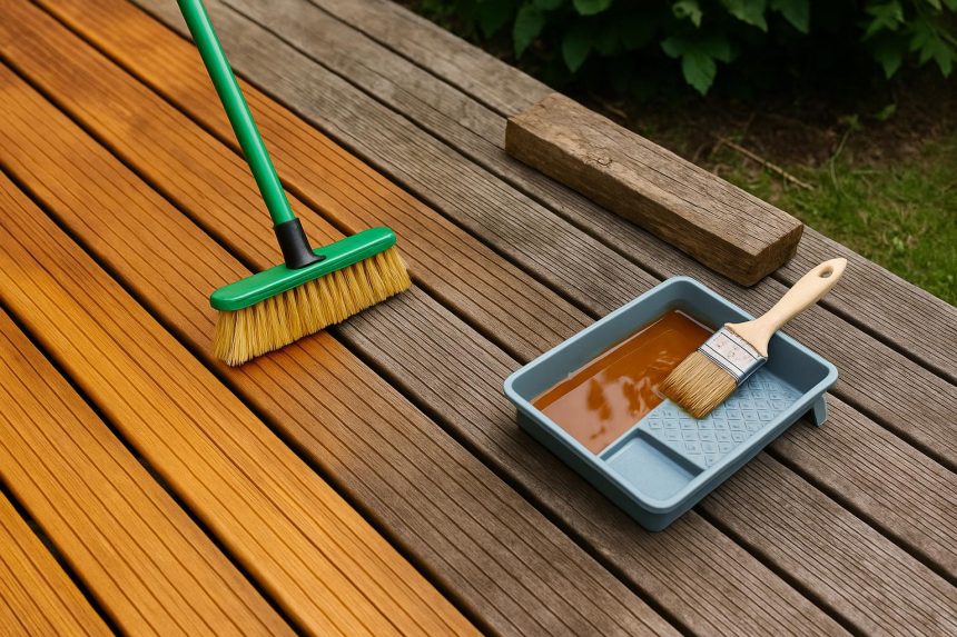 Well-maintained wooden deck with clean boards and railing showcasing proper deck maintenance
