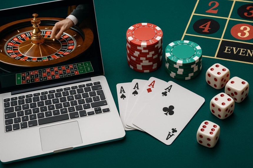 Casino chips and playing cards on a digital table representing online iGaming strategies Singapore