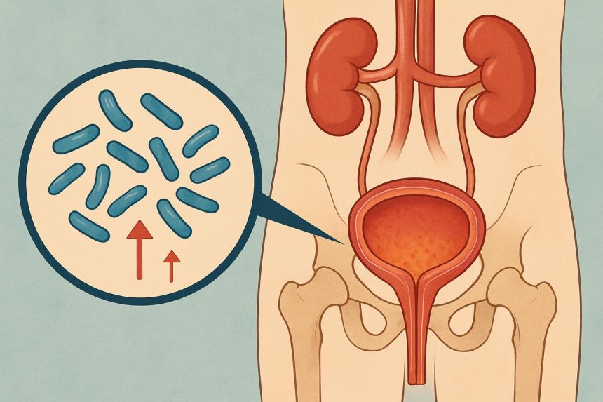 Male urinary tract illustration showing possible causes of bladder infection and inflammation