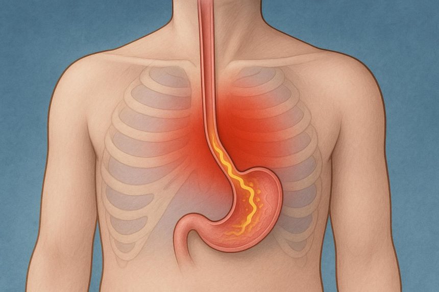 Illustration showing chest discomfort related to acid reflux and heartburn symptoms