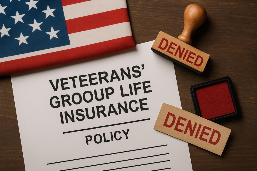 Veterans' group life insurance paperwork and denied claim notice on desk with folder and pen