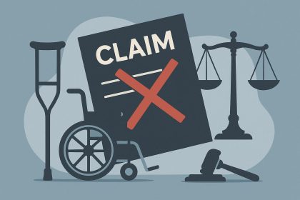 Denied disability claim paperwork with rejected stamp and legal documents on a lawyer’s desk