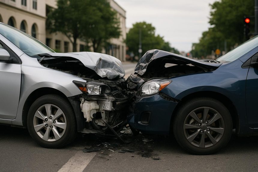 Damaged cars on Fort Lauderdale road after accident with police vehicles securing the scene
