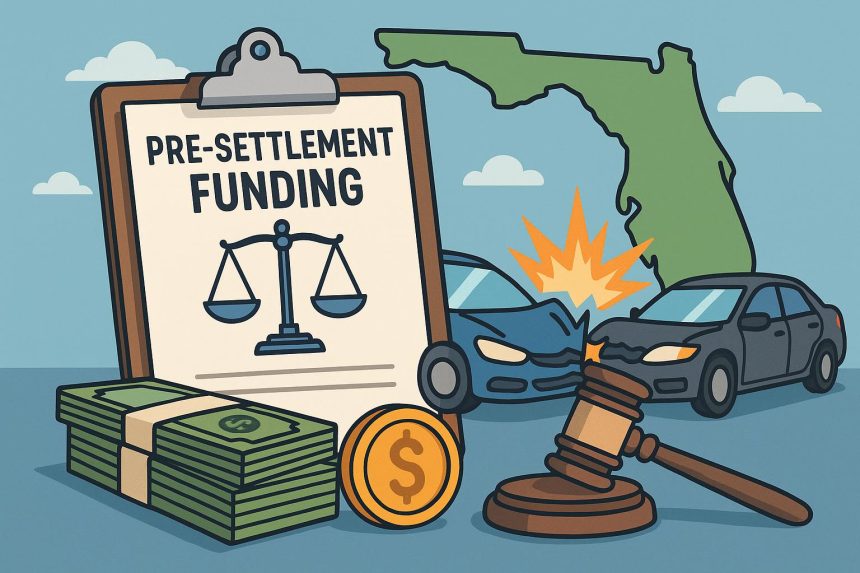 Pre-settlement funding process for Florida car accident victims with legal documents and gavel