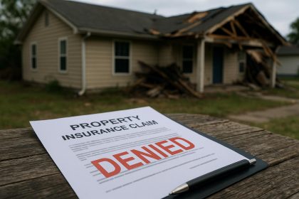 Homeowner reviewing denied property insurance claim documents in Corpus Christi, Texas