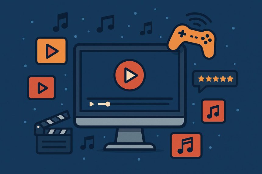 Streaming apps, social media icons, and gaming devices representing online entertainment trends