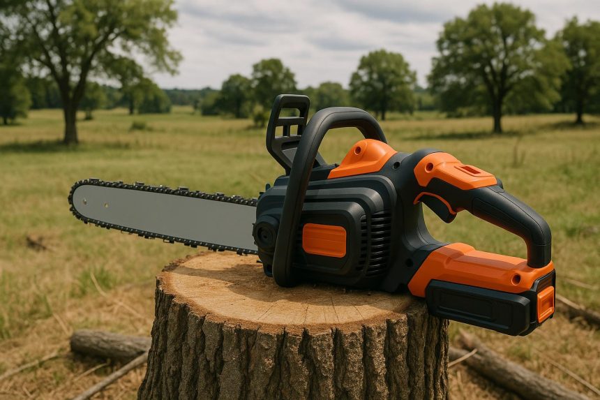 Cordless chainsaw cutting tree branches on rural property, improving land management efficiency