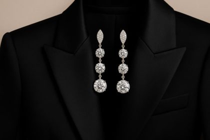 Elegant diamond drop earrings showcased as statement accessories in high-fashion styling