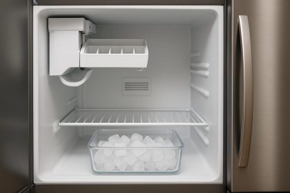 Open refrigerator with empty ice maker tray highlighting ice production issue