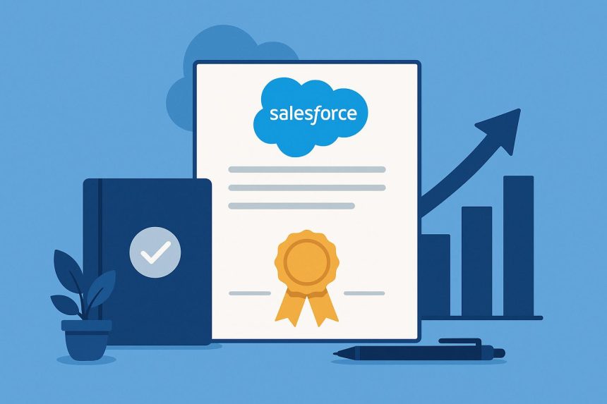 Salesforce certification badges and study materials illustrating career advancement strategies