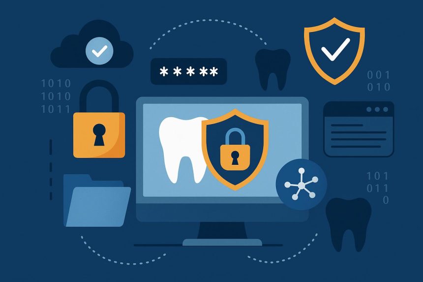 Dental office computer secured with lock symbol, illustrating cybersecurity and compliance measures