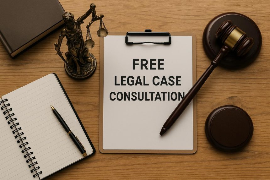 Lawyer discussing legal documents with a client during a free case consultation session