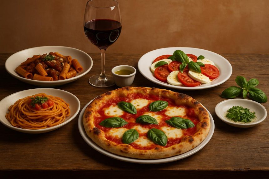 Traditional Italian restaurant interior with rustic decor and authentic pasta dishes on the table