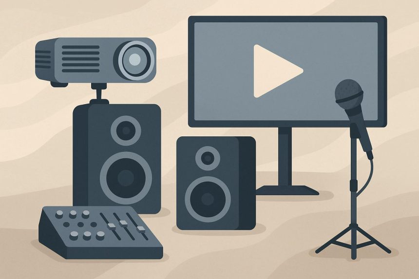 Modern AV equipment setup at an event showcasing easy solutions for stress-free event planning