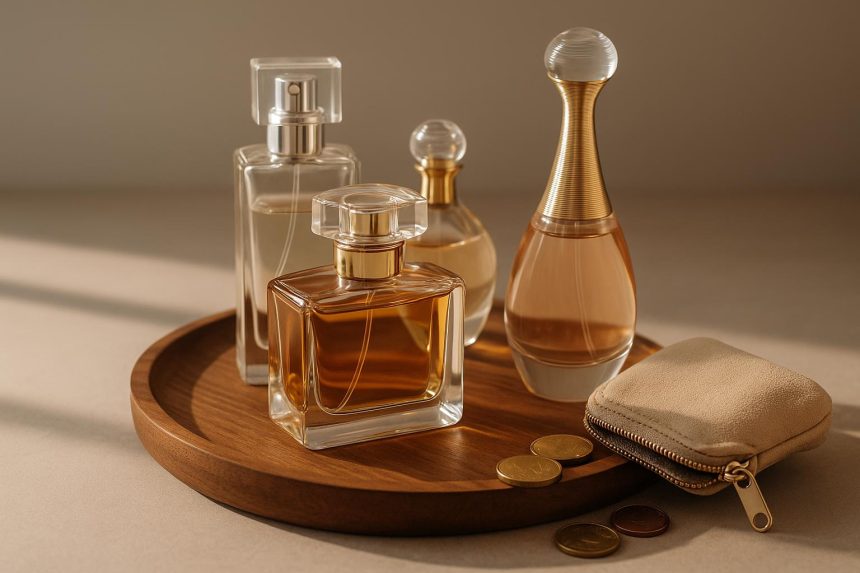 Assorted elegant perfume bottles on a tray, highlighting affordable long-lasting fragrance choices