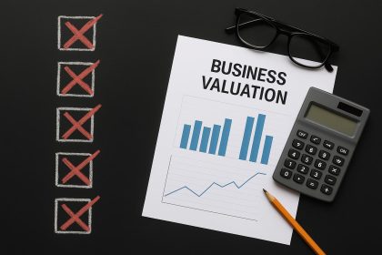 Business valuation report, calculator, and financial documents on desk, highlighting common mistakes
