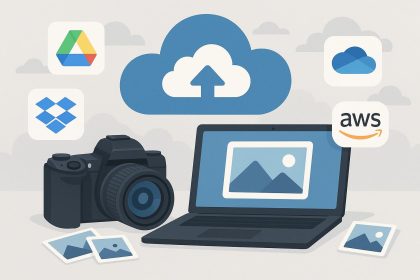 Cloud storage icons and DSLR camera representing top online storage solutions for photographers