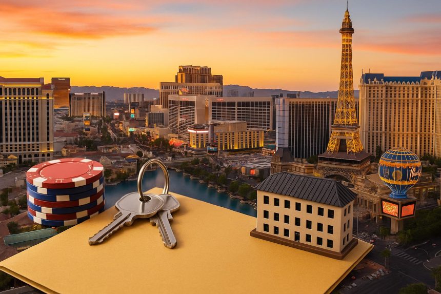 Business broker advising client on buying a Las Vegas business with cityscape in background