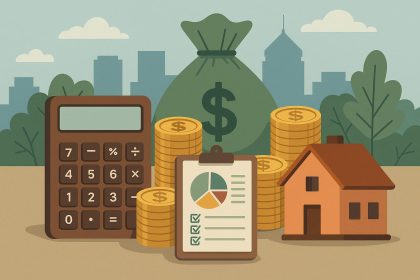 Family reviewing finances with calculator and documents, planning budget in Fresno, California