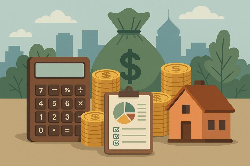 Family reviewing finances with calculator and documents, planning budget in Fresno, California