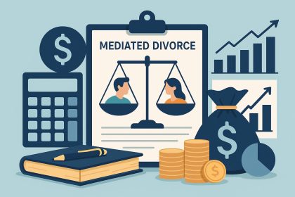 Financial advisor reviewing divorce planning documents for clients in Middletown office