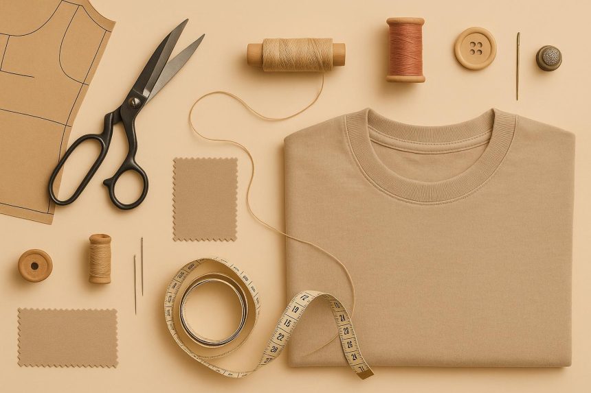 Modern fashion workspace with sewing machine, fabric swatches, and sketchbooks for clothing design