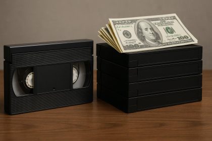 Stack of vintage VHS tapes with colorful labels highlighting their rising collectible value