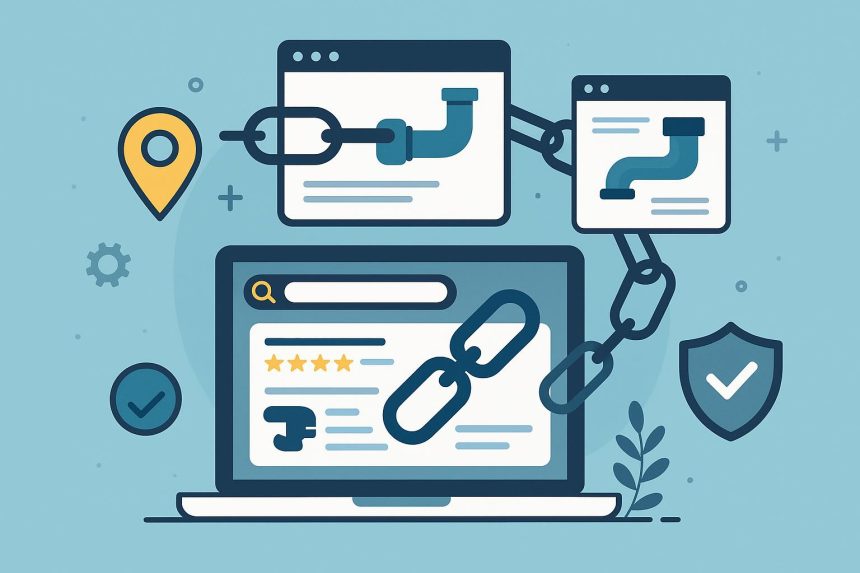 Plumber working on pipes with digital network icons symbolizing link building for local SEO