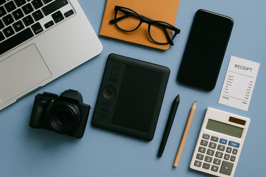Tax-deductible expenses concept for creatives, including tools, workspace, and materials