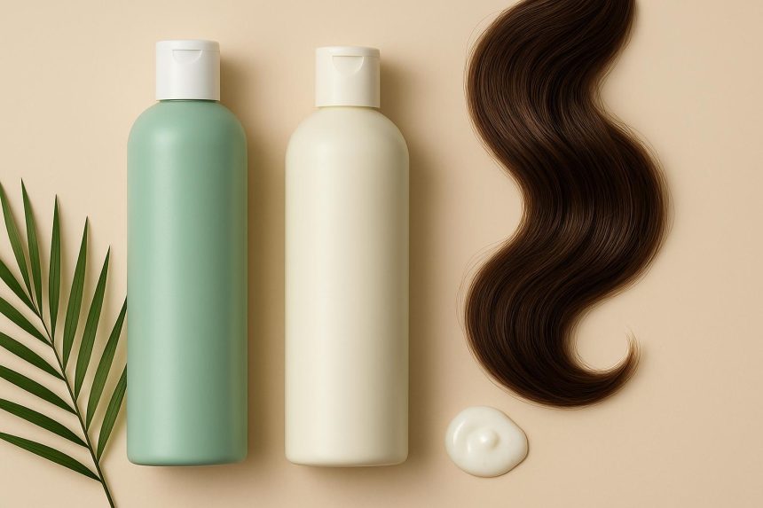 Bottles of shampoo and conditioner with healthy, shiny hair and natural ingredients in background
