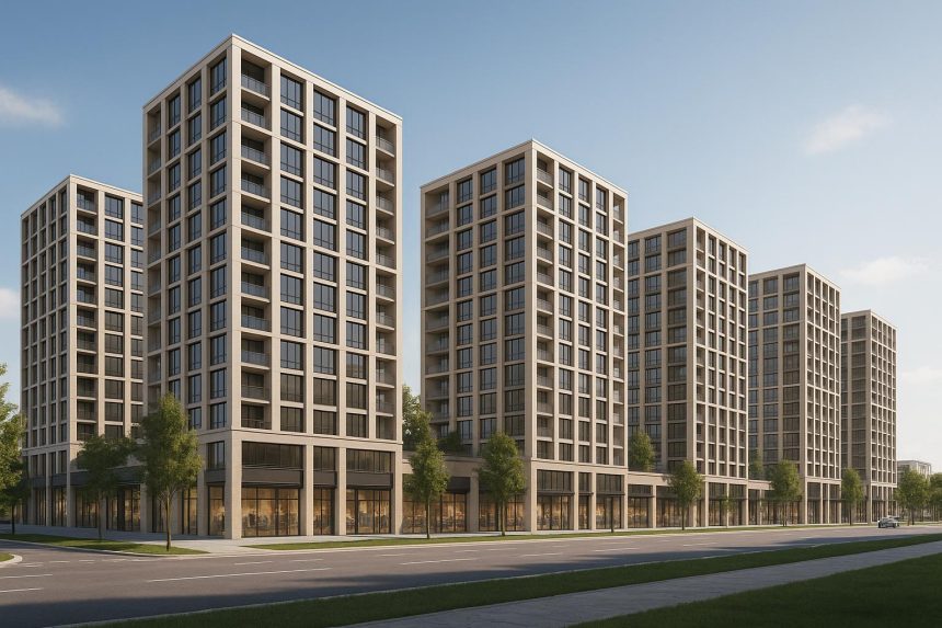 Architectural rendering of Lucerne Grand’s five 16-storey towers with ground floor retail podium