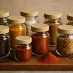 Assorted gourmet spice jars and herbs arranged on a kitchen countertop for home cooking