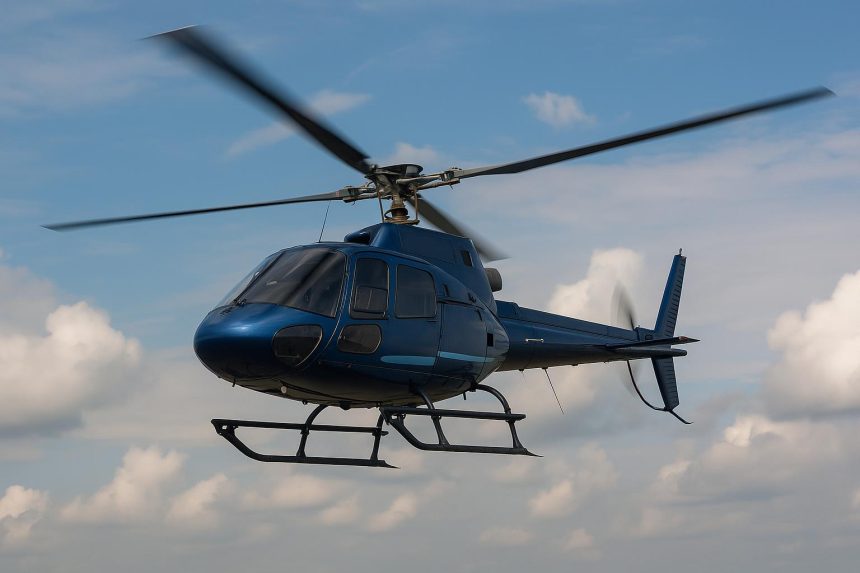 Modern helicopter in flight illustrating speed and aerodynamics against a blue sky background