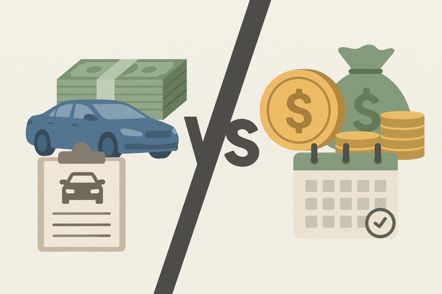 Comparison of title loans and payday loans with cash, car keys, documents, and loan forms