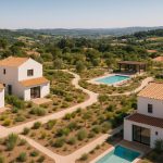 Modern residential lifestyle cluster in Portugal featuring communal green spaces and contemporary homes