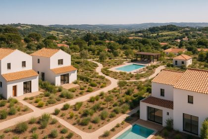 Modern residential lifestyle cluster in Portugal featuring communal green spaces and contemporary homes